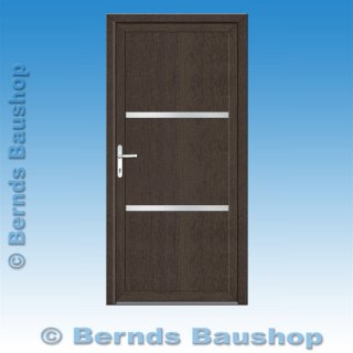 Kunststoff-Haustür in Eiche Dunkel, mit zwei Metall-Applikationen