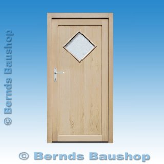 Holzhaustür unbehandelt in der Holzart Fichte; im oberen Drittel ein Glasausschnitt in Form einer Raute