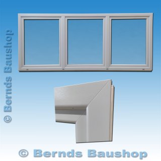 Fenster mit drei gleich großen Flügeln, Außenansicht in Lichtgrau sowie eine Detailaufnahme der Fensterecke